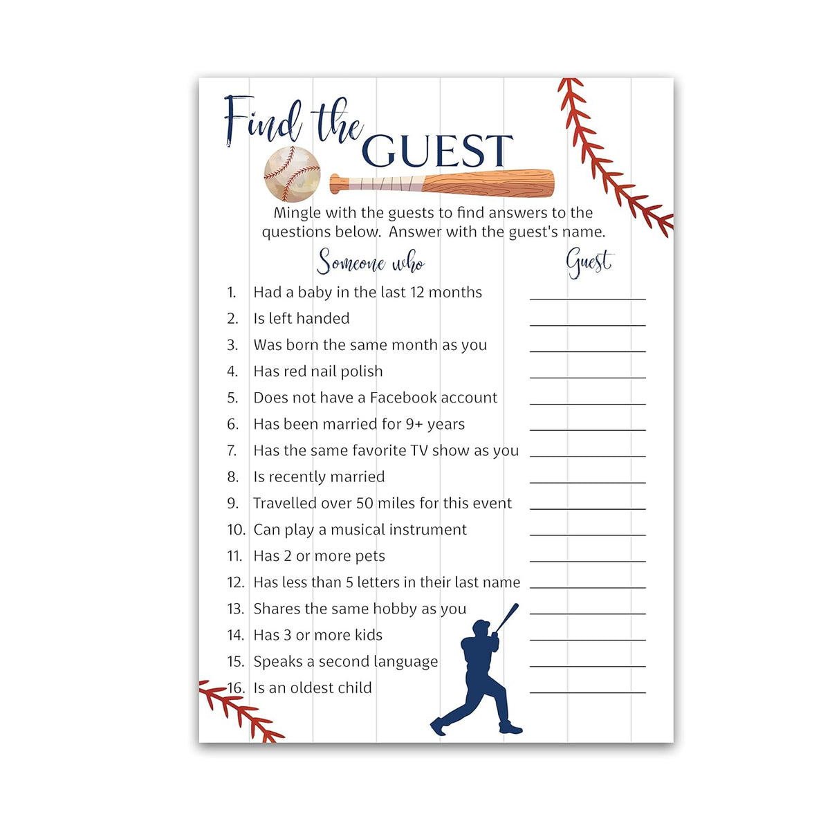 Baseball Baby Shower Games— Find The Guest Game — Pack Of 25 — Rustic Sports Blue Boy Baby Shower Activity, Icebreaker Party Game, Guess Who Came To The Party, Little Slugger Couples Shower G900-Ftg