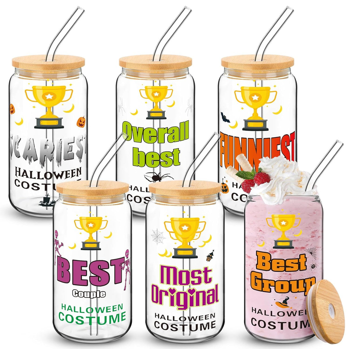 6 Set Halloween Costume Contest Trophy Cups Bulk Halloween Costume Party Award 16 Oz Funny Cute Personalized Glasses Cups Trophy Spider Pumpkin Skull Witch Hat Bat Cup For Contest Game Prizes