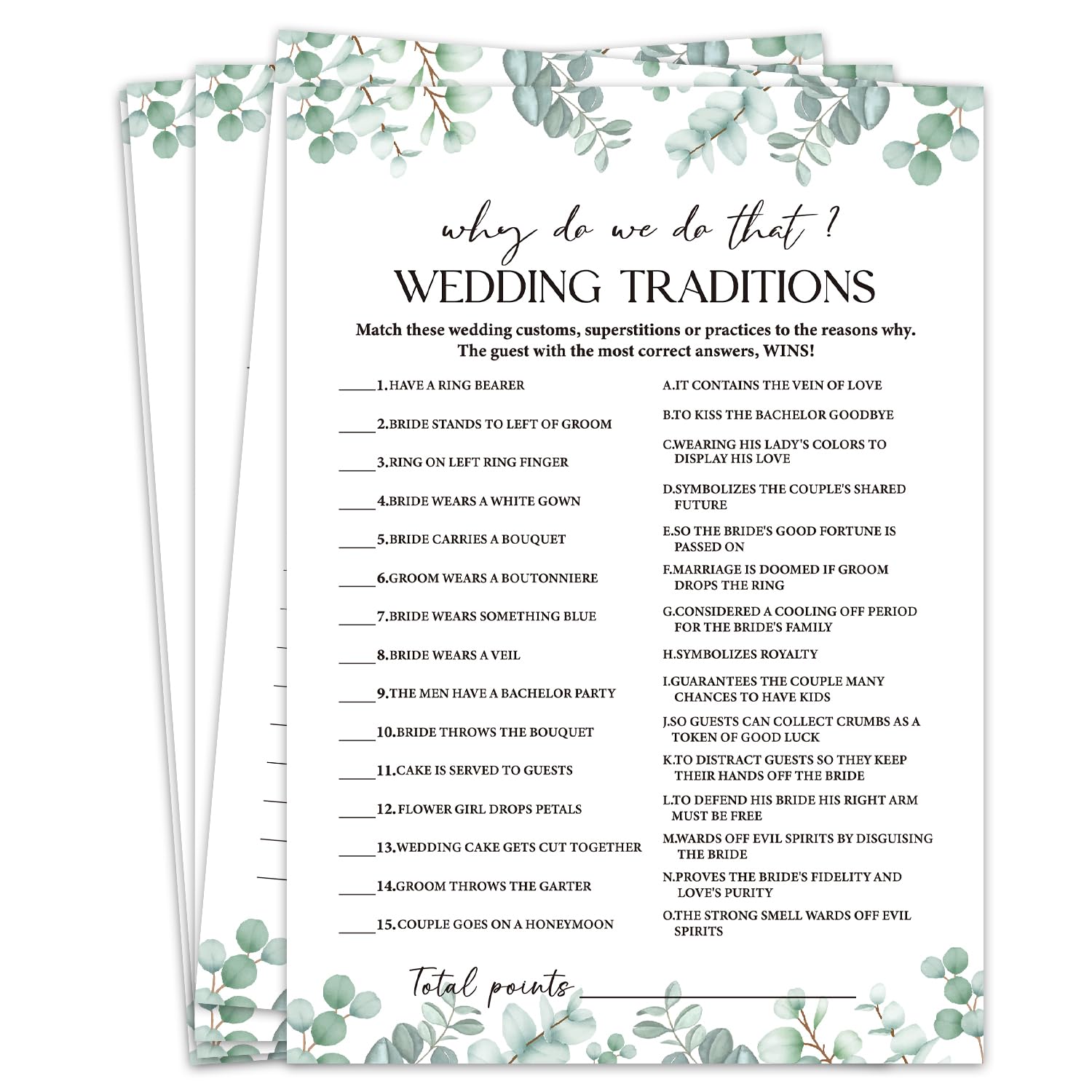 Why Do We Do That Wedding Traditions Bridal Shower Games, Eucalyptus Bridal Shower Game Cards Set Of 30 With 1 Answer Card, Wedding Engagement Bachelorette Party Activity Reception Supplies-A17