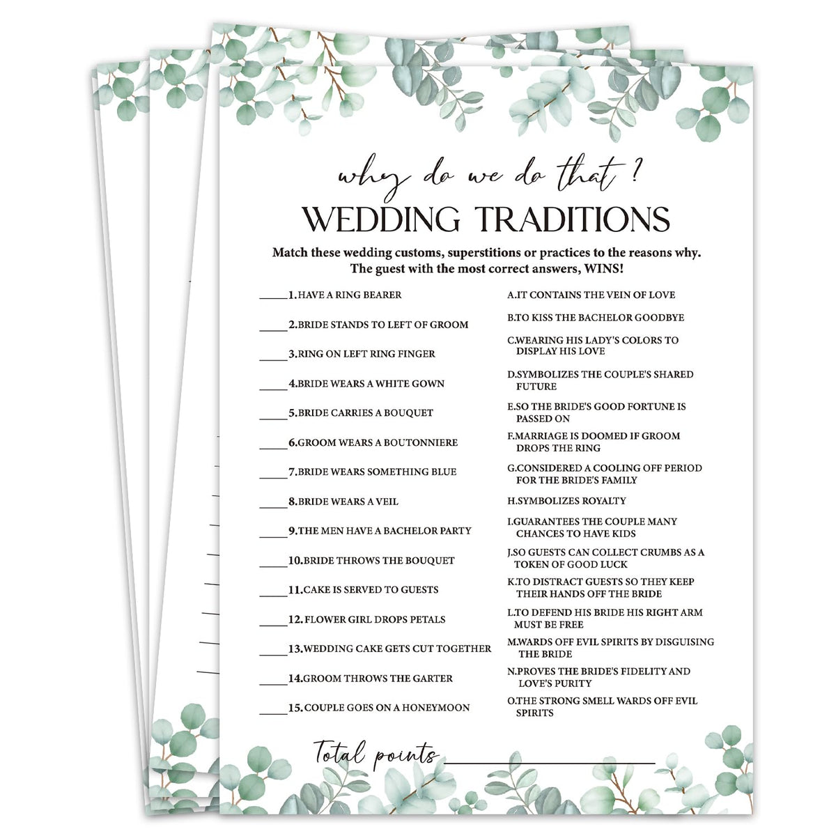 Why Do We Do That Wedding Traditions Bridal Shower Games, Eucalyptus Bridal Shower Game Cards Set Of 30 With 1 Answer Card, Wedding Engagement Bachelorette Party Activity Reception Supplies-A17