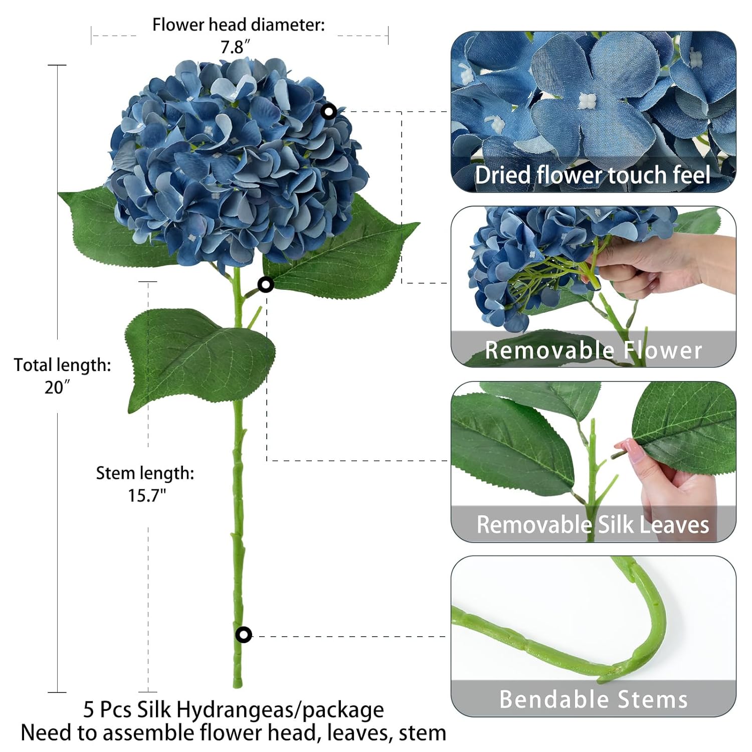 5 Pcs Dark Blue Silk Hydrangeas Artificial Flower Boho Dried Touch 20'' Faux Hydrangeas For Fall Indoor Home Decor Kitchen Living Room Outdoor Porch Wedding Flower Arrangement