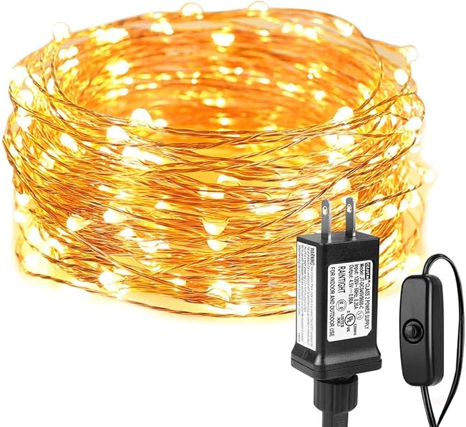 33FT 100 LED Plug In Fairy Lights Warm White Copper Wire String Lights Waterproof Indoor Outdoor for Bedroom Patio Garden Balcony Craft Decor