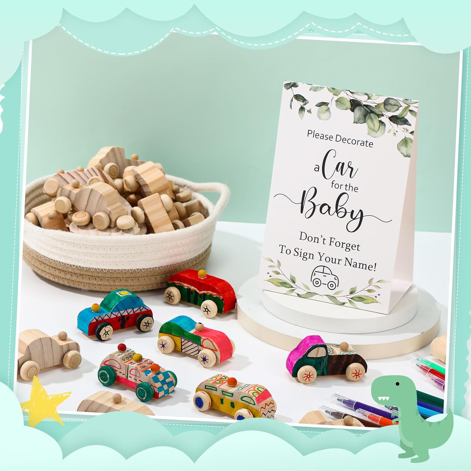Baby Shower Game Sign Kit Includes 32 Unfinished Wooden Car Blocks, 12 Markers, And A Prize Decoration Sign For Baby Shower(Leaf)