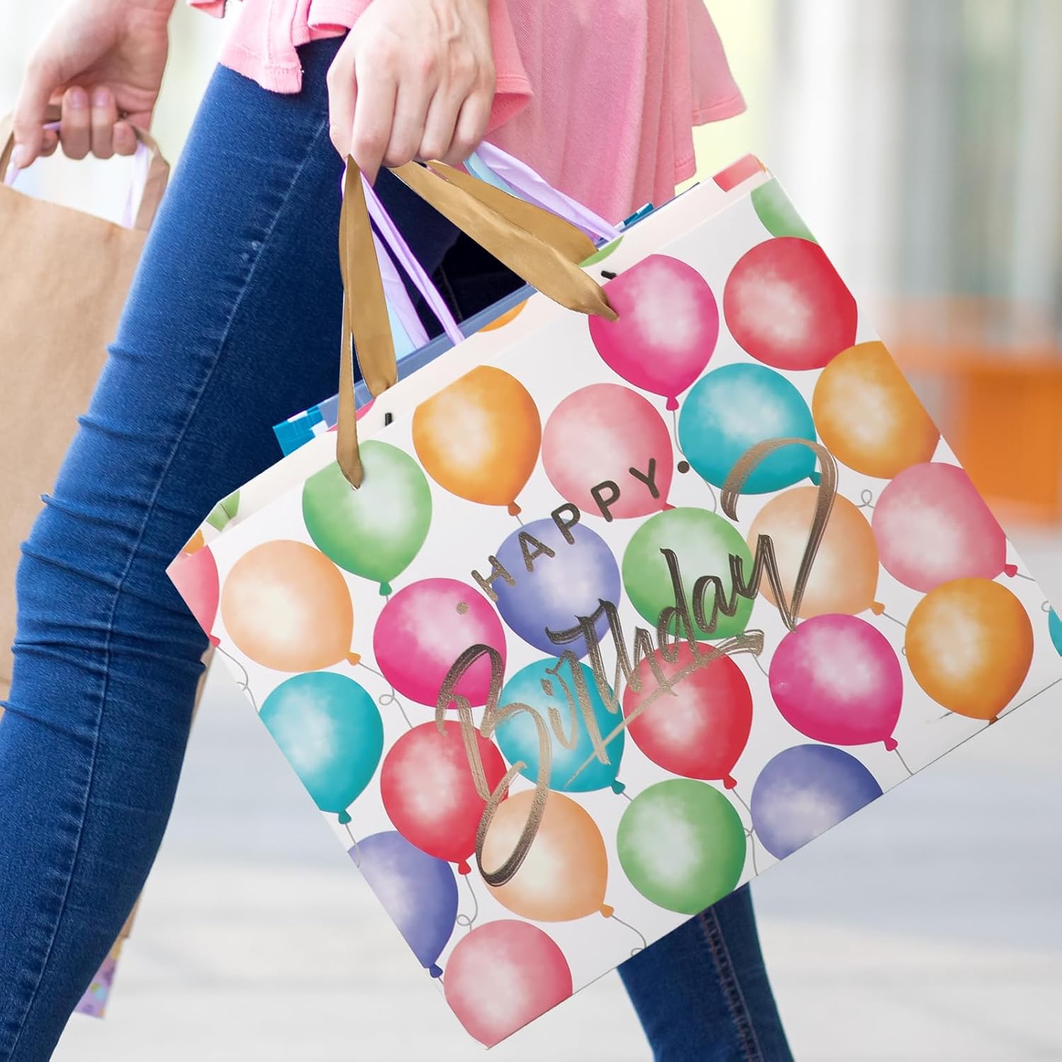 13" Large Happy Birthday Gift Bag With Tissue Paper And Card,Colorful Happy Birthday Gift Bag Set With Handles For Girls Kids Women,Colorful Balloon Design With Handles