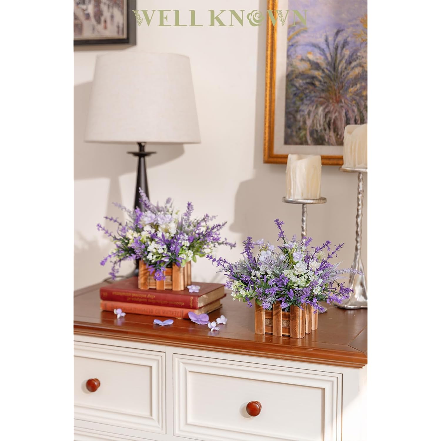 Artificial Lavender Plants In Wooden Baskets, Artificial Mini White Flower Arrangement In Planter For Home Hotel Office Table Wedding Centerpieces & Gift(Set Of 2)