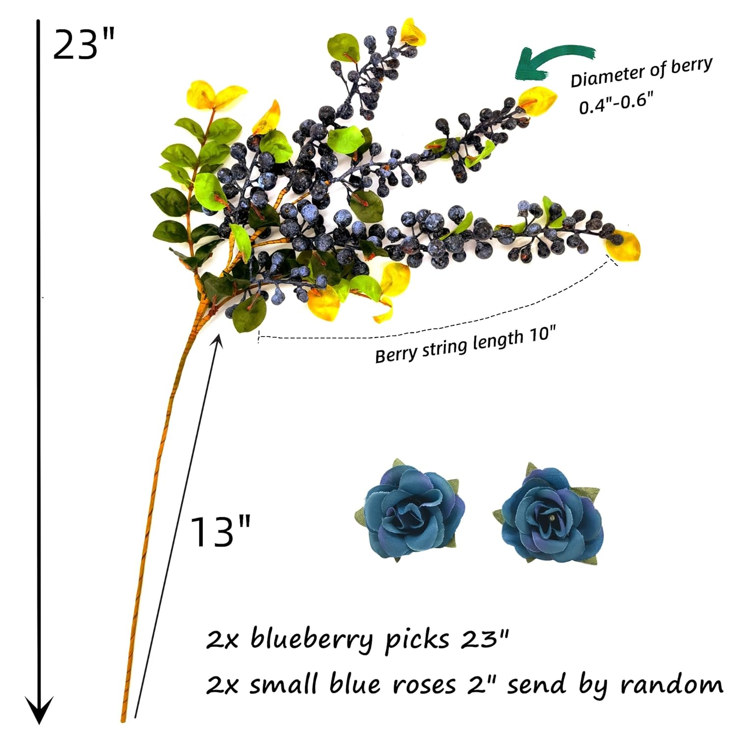 2 Pcs Artificial Berries Plastic Foam Blueberry Christmas Picks Floral Arrangement 23" Tall (Blue B)