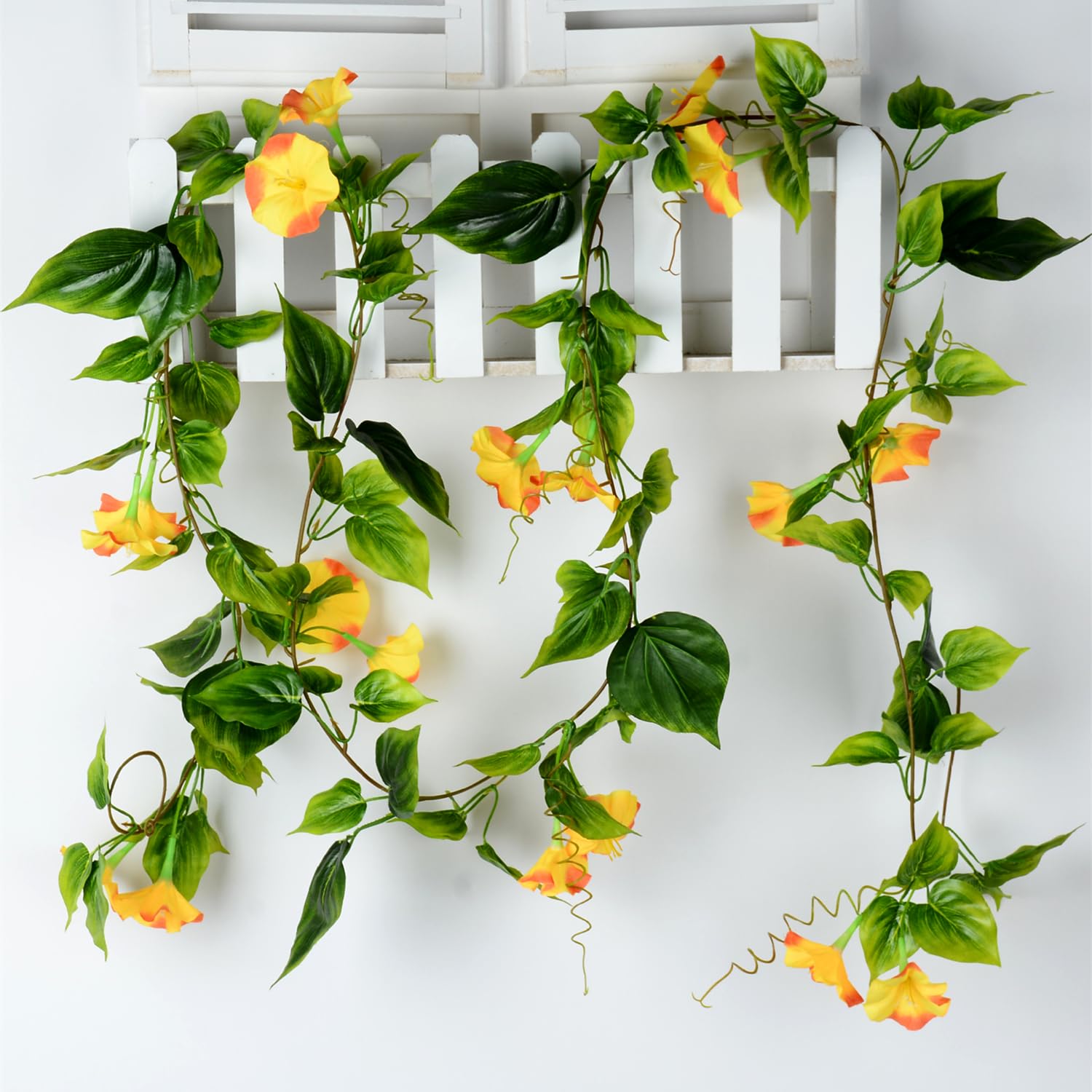 Fake Morning Glory Hanging Plants, Artificial Vines Silk Flowers Faux Ivy Plastic Greenery Garland Plant For Home Garden Yard Wall Fence Stairway Wedding Party Basket Diy Decoration Orange 2 Pack