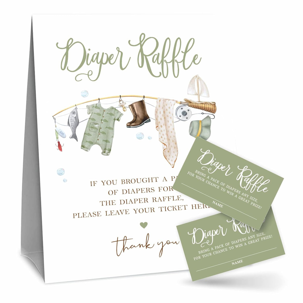Fisherman Diaper Raffle Game Kit - Fishing Rod & Sign, 50 Tickets, Decorations For Baby Shower, Gender Reveal & Neutral, Party Favor & Supplies - A09