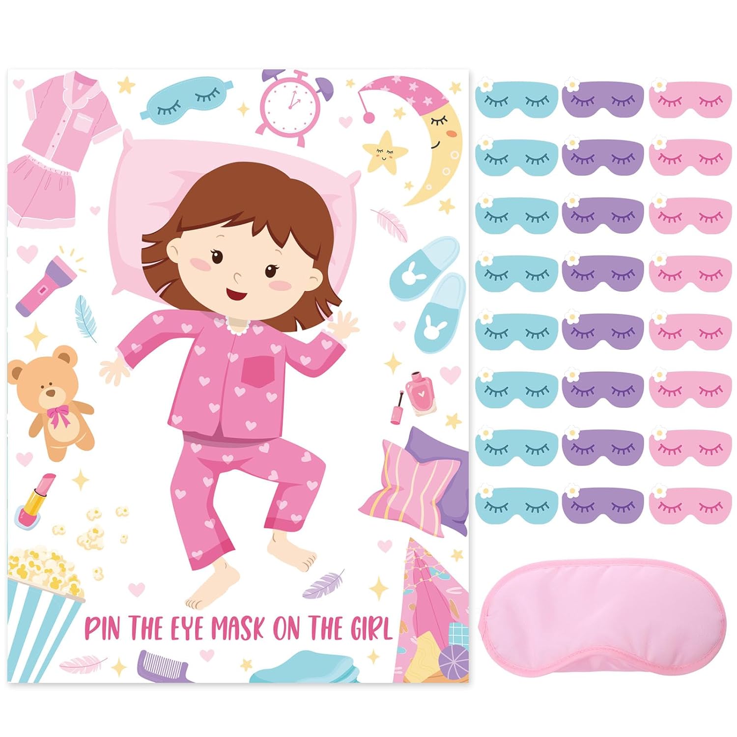Sleepover Slumber Party Games Pin The Eye Mask Pajamas Games Sleepover Game Set Pajamas Poster Decor With 24 Stickers 1 Blindfold For Sleep Over Slumber Birthday Party Activities Game Supplies