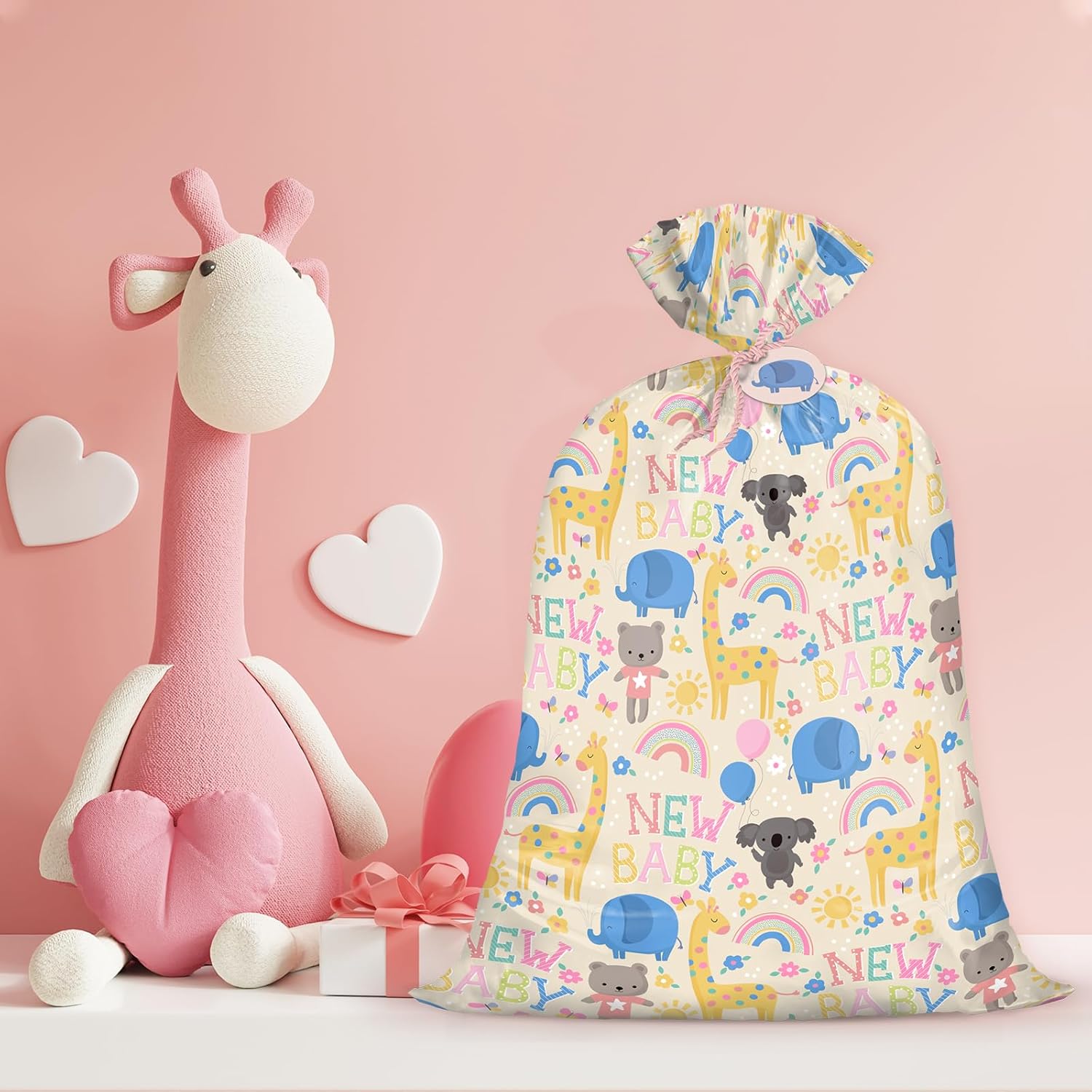 56" Large Baby Shower Plastic Gift Bag - Animals & New Baby Jumbo Bike Bag Gift Wrap For Baby Shower, Kids Birthdays, Parties, Celebrating, Or Any Occasion - 56" H X 36" W