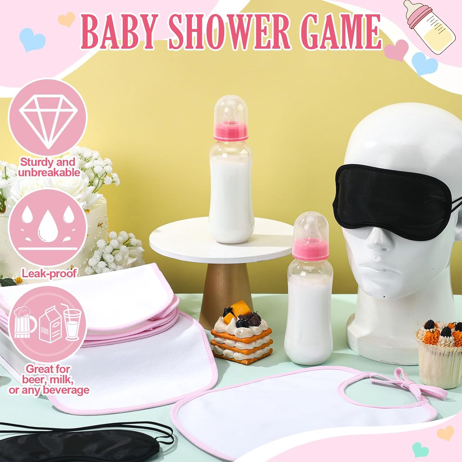 24 Pcs Baby Shower Blindfold Feeding Game Set Include 6 Plastic Chug Bottles 6 Bib And 12 Eye Mask Blindfold Baby Feeding Bottle Chug Game For Adult Gender Reveal Party Supplies(Pink)