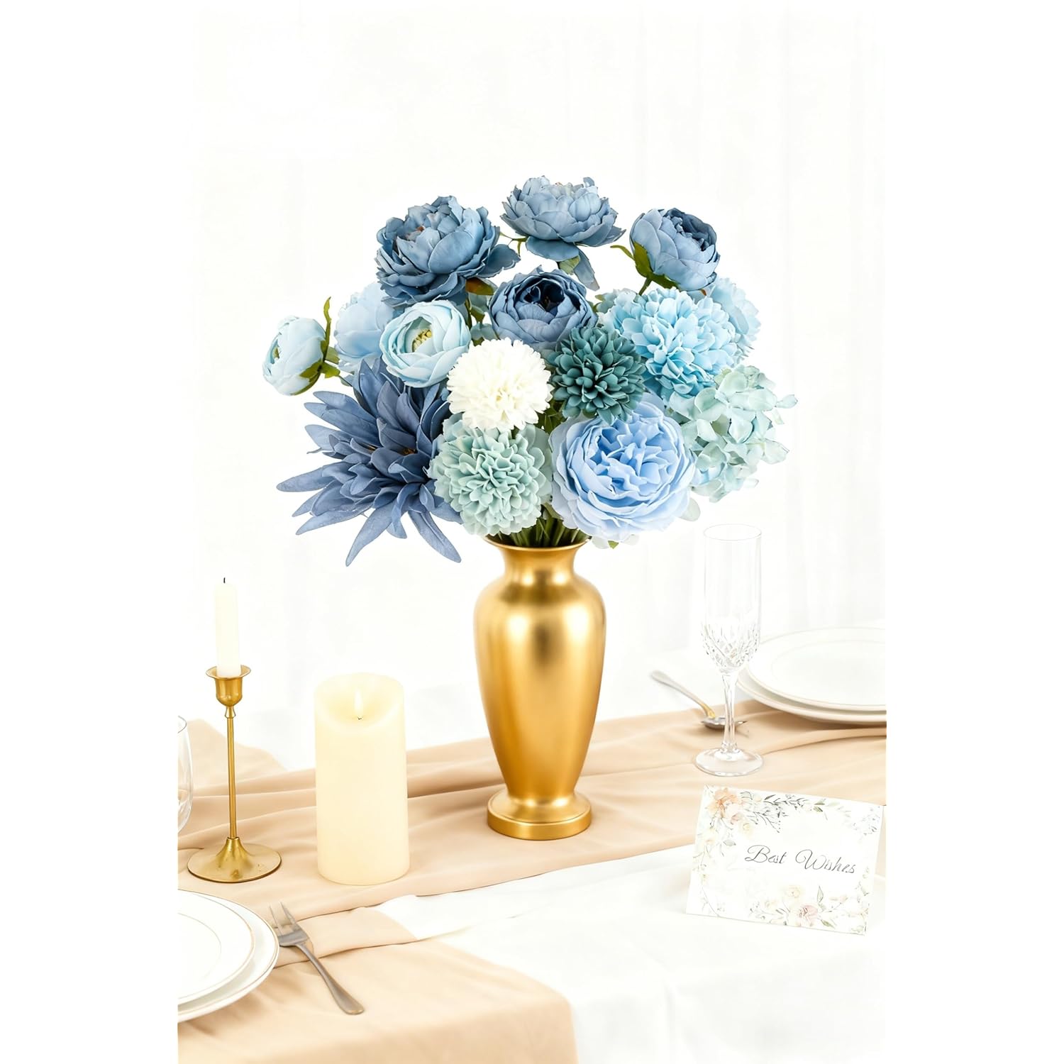 Blue Silk Flowers, Artificial Flower Combo Box Set With Stems For Bridal Wedding Bouquets, Table Centerpieces Decor, Floral Arrangement Home Decor