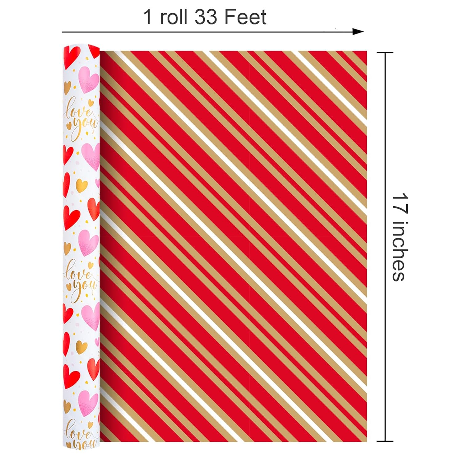 Valentine'S Day Reversible Wrapping Paper Roll - 17 Inch X 33 Feet - Pink And Red Hearts, Gold Foil Love You Text Design For Valentine'S Day, Wedding, Anniversary, Birthday, Baby Shower