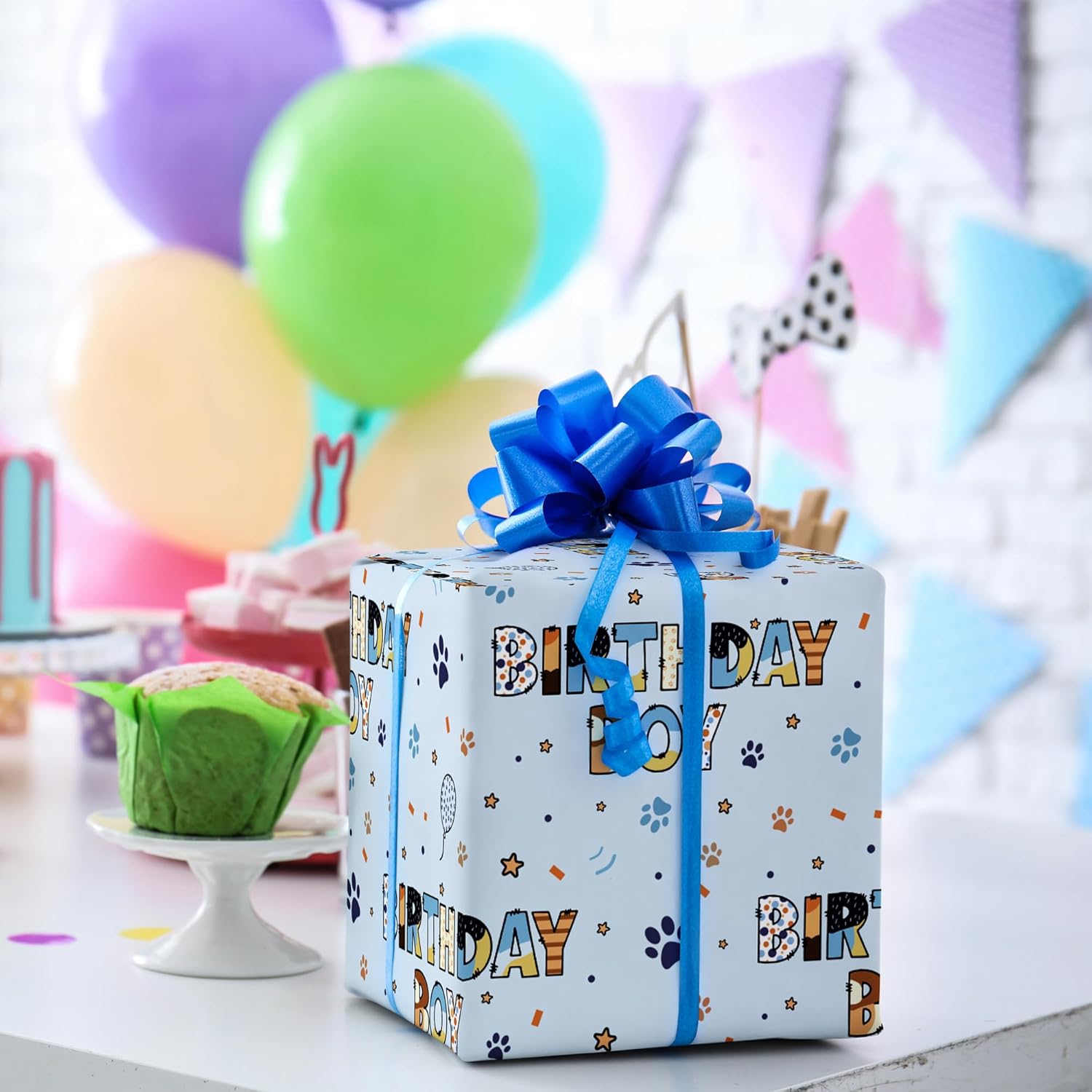 Birthday Boy Wrapping Paper For Boys Kids- Light Blue Gift Wrap With Paw Prints, Stars & Balloons, Birthday Boy For Boy'S Birthday, Baby Shower - 28X40 Inches, 4 Folded Sheets