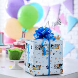 Birthday Boy Wrapping Paper For Boys Kids- Light Blue Gift Wrap With Paw Prints, Stars & Balloons, Birthday Boy For Boy'S Birthday, Baby Shower - 28X40 Inches, 4 Folded Sheets