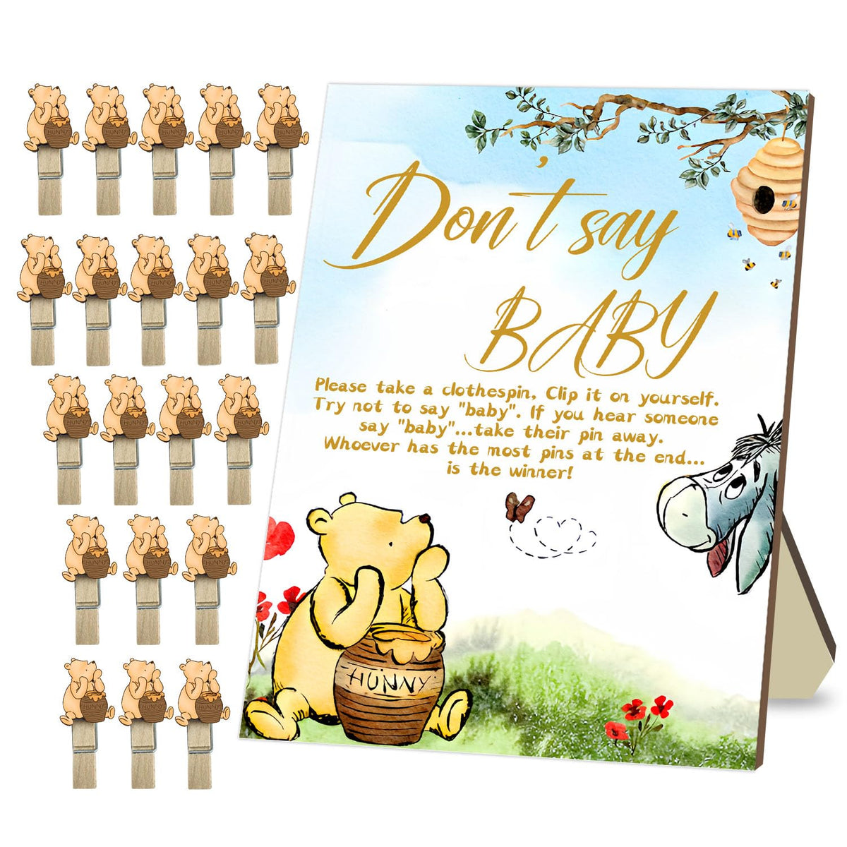 The Pooh Baby Shower Game Set, Include 1 Winnie Don'T Say Baby Game Sign And 20 Mini Winnie Clothespins, Baby Shower Game Decor, Baby Shower Party Decorations Supplies
