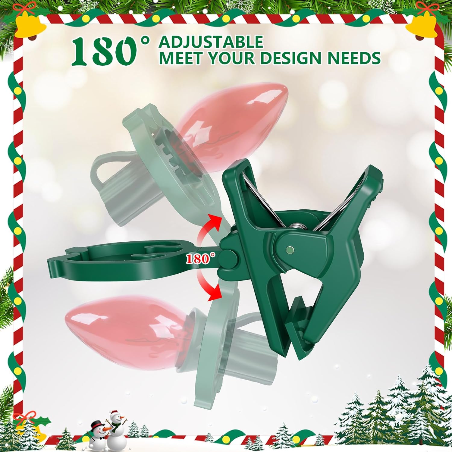 Large C7 C9 Christmas Lights Spring Clips, 100 Pack Universal Gutter Roof Clips 180° Adjustable For Christmas Lights Outdoor, Quick Light Hooks Hangers For Holiday Shingle Fence Gates