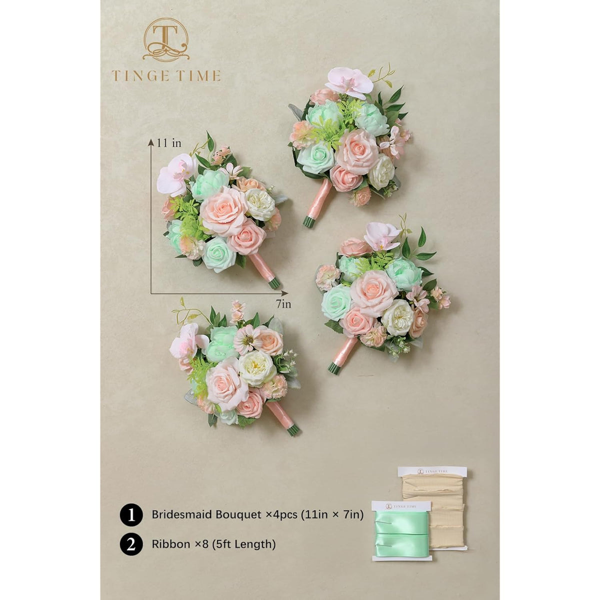 7 Inch Artificial Flowers Wedding Bouquets For Bridesmaid, Set Of 4, Mint Green & Pink Bride Tossing Bouquet For Rustic Wedding Ceremony Bridal Shower Rehearsal Dinner Vintage Party