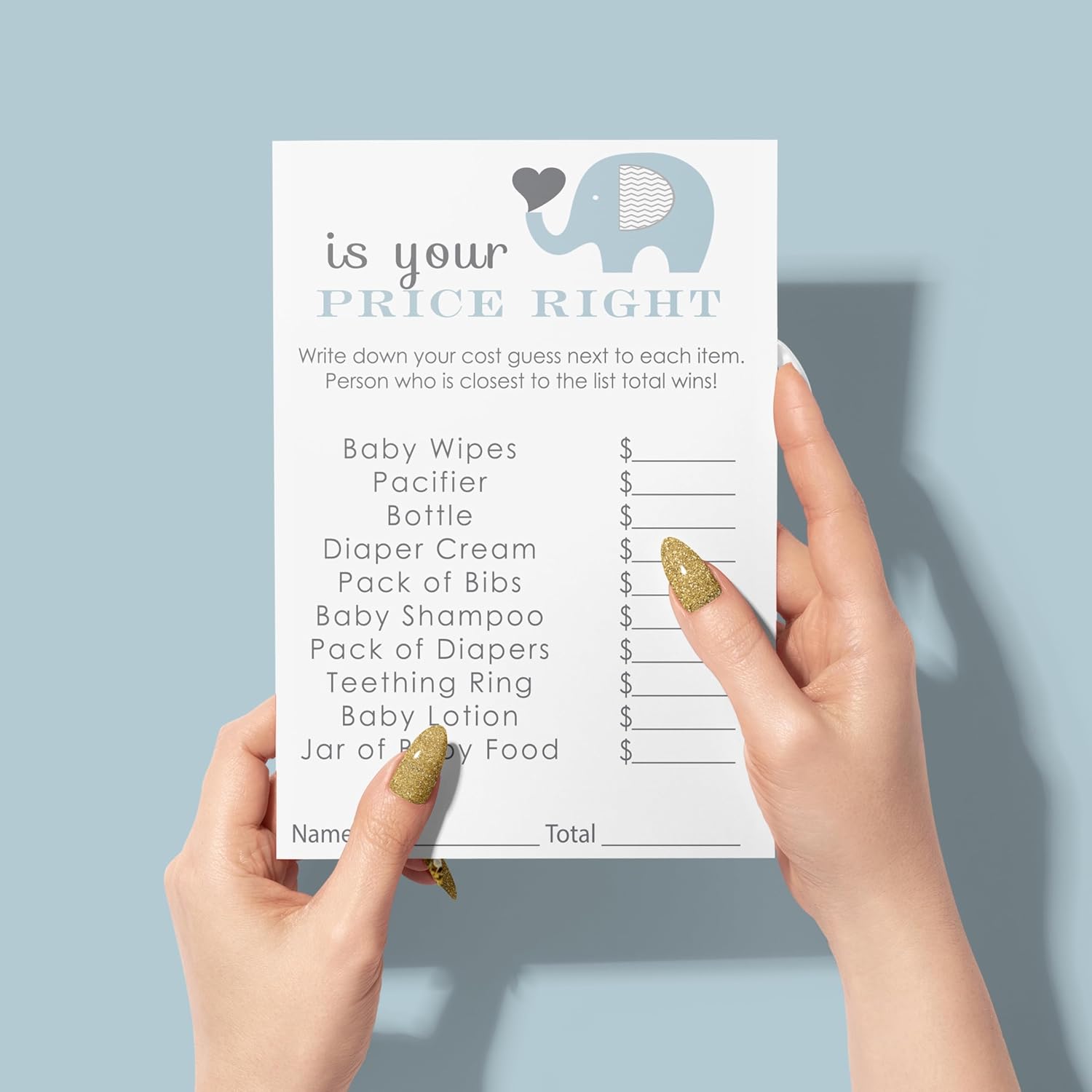 Blue Elephant Baby Shower Games - The Price Is Right Game - 25 Cards - Activities For Guests - Jungle Animal Theme For Boy Baby Shower - Ideas For Couples & Gender Reveal