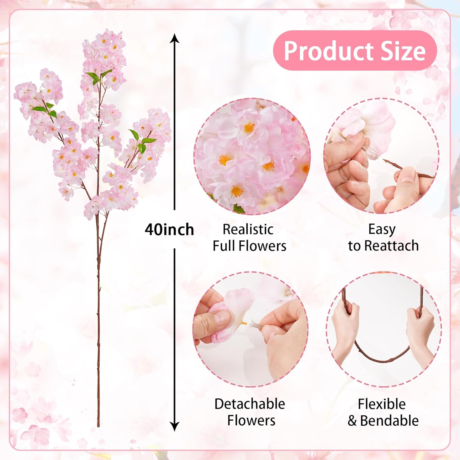 3 Pcs Pink Artificial Cherry Blossom Branches, 40 Inch Realistic Faux Long Stems Cherry Blossom Flowers Vase Arrangements For Wedding, Table Centerpiece, Home Party, Kitchen Decor