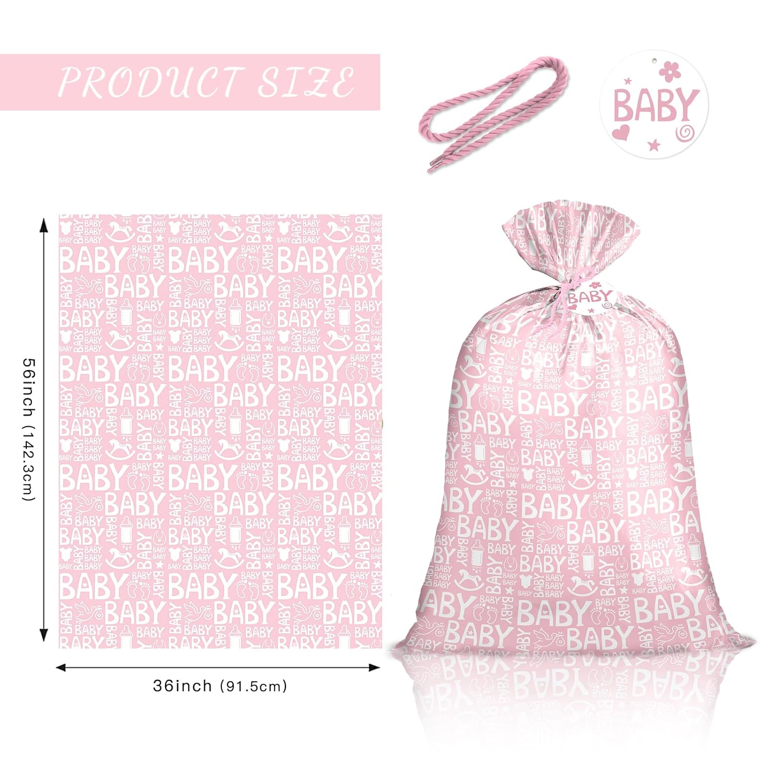 Pink Jumbo Large Plastic Gift Bag, Baby Girl Design Plastic Bag With Tag And Tie For Birthday, Baby Shower And Holiday, 56" X 36", 1 Pcs