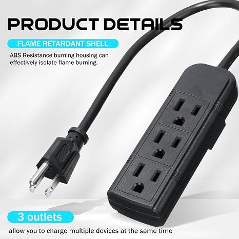 20 Pack 3 Outlet Power Strip 1FT Extension Cord Flat Plug Mountable Mini Power Strip Black