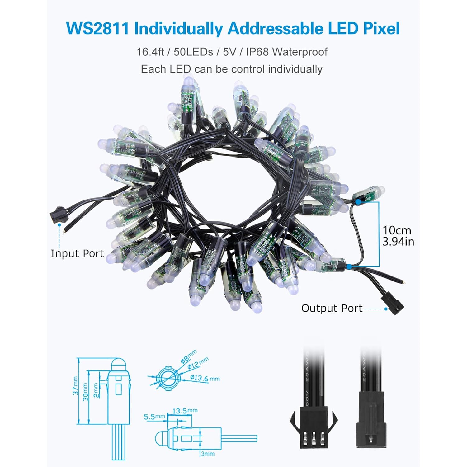 Ws2811 Addressable Led Pixel Light 50Pcs 5V 12Mm Digital Dream Color Diffused Rgb Led Pixels Module Round Black Wire Ip6