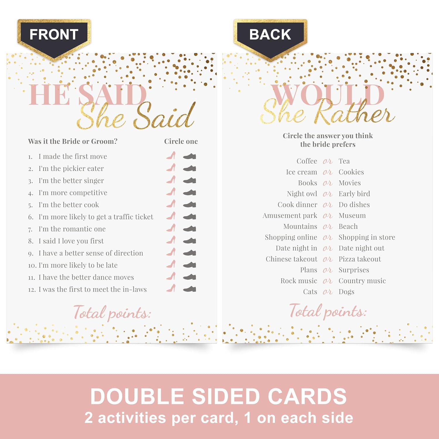 Bridal Shower Games + Advice Cards - For 30 Guests - 4 Activities On Double Sided Cards Includes 3 Games & 1 Advice Card - Pink With Gold Metallic Details For Wedding Showers- Set Of 4 Activities