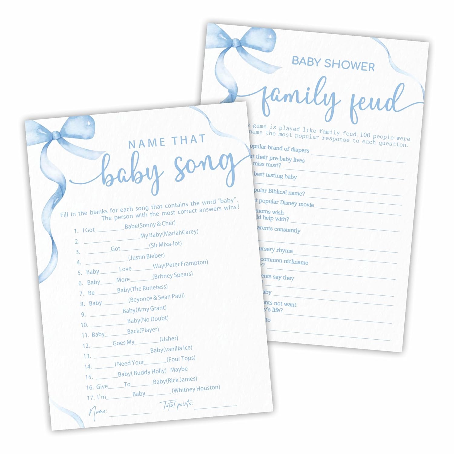 5"X 7" Baby Shower Games Kit, 30 Pcs Blue Bow Baby Song & Family Feud Two-In-One Game Cards With Answer Card, For Parents-To-Be, Baby Announcement, Gender Reveal, Party Favor & Decorations - F10