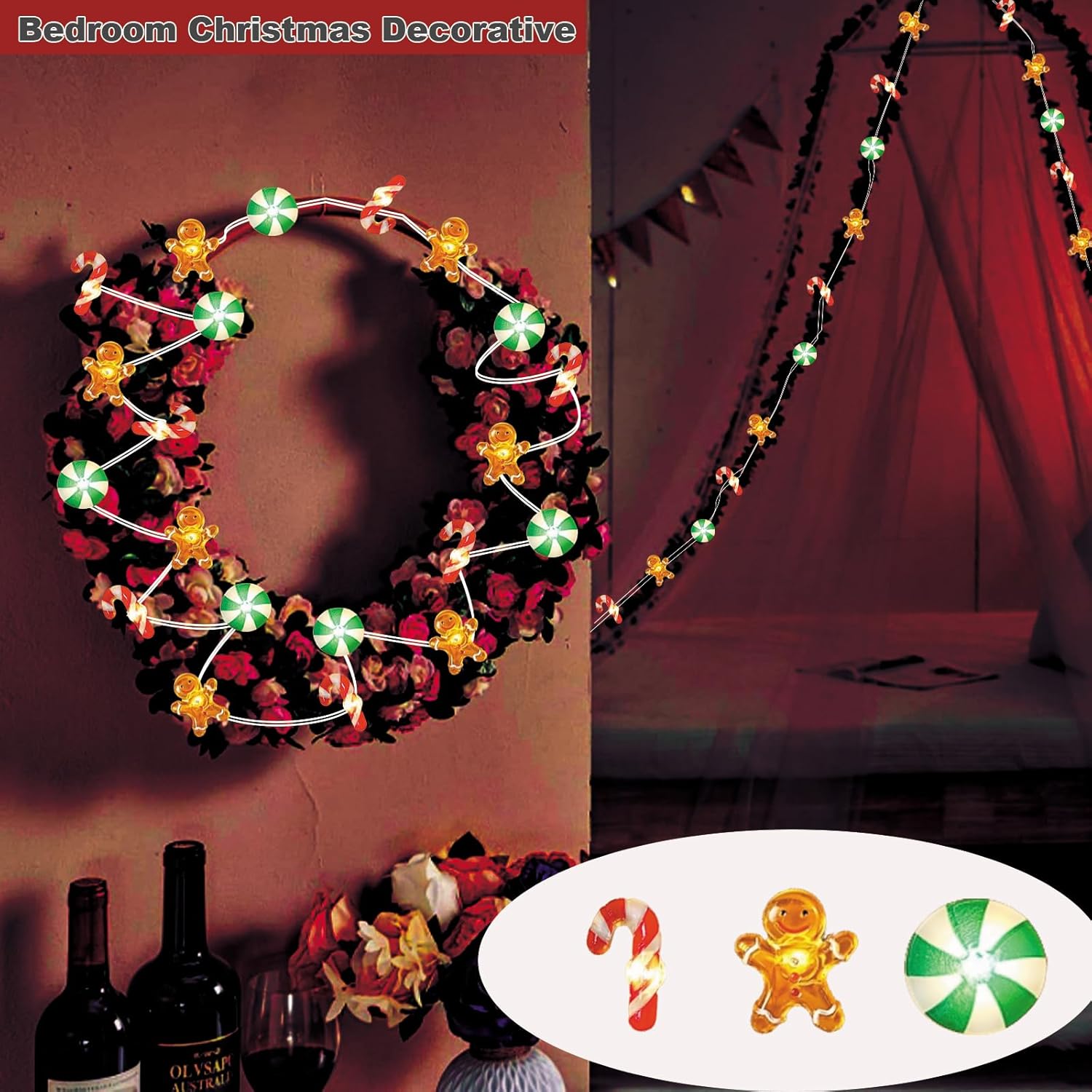 Christmas Lights Indoor Decorations 16.7Ft 50 Led Gingerbread Man Candy Crutches Lights Battery Powered Christmas Light