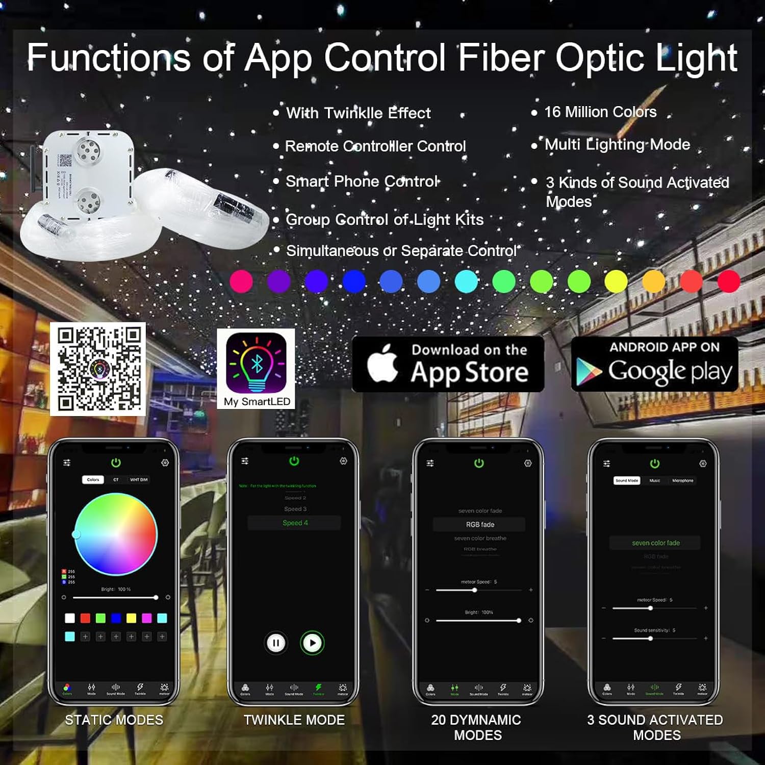 32W Dual Head Rgbw Twinkle+ Sound Activated+App Fiber Optic Lights Kit Star Ceiling Sky Light 16.4Ft/5M Total 1550Pcs Of Mixed Strands 0.75+1+1.5Mm For Home Indoor Decor/Car Headliner Starlight
