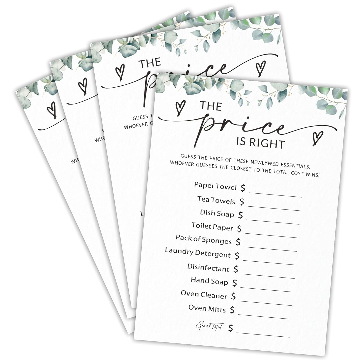 The Price Is Right Bridal Shower Game - Greenery Eucalyptus - 30 Pcs Double-Sided Fill-In Wedding Game Cards For Newlyweds, Engagement Party Activities & Decorations -B09