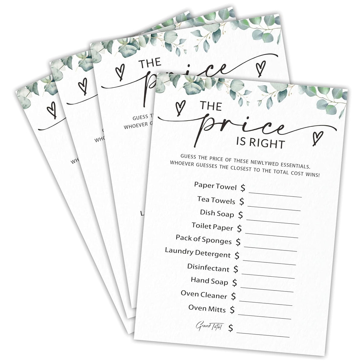 The Price Is Right Bridal Shower Game - Greenery Eucalyptus - 30 Pcs Double-Sided Fill-In Wedding Game Cards For Newlyweds, Engagement Party Activities & Decorations -B09