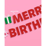 Merry Birthday Banner - Red Glitter, 5 Ft. | Christmas Bday Garland, Xmas Party Decoration, Winter Holiday Sign, Sparkly Photoshoot Backdrop
