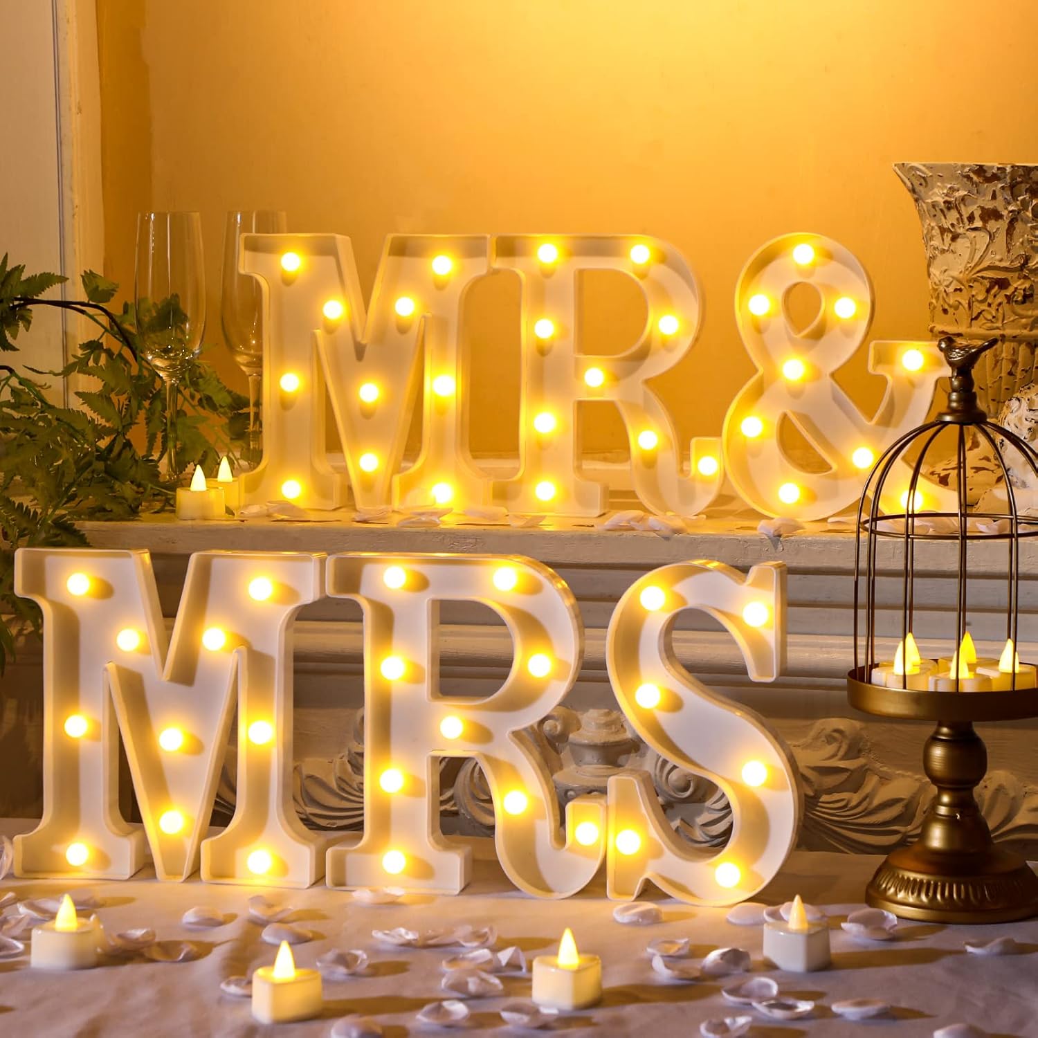 6 Pcs Mr And Mrs Led Sign 12 Flameless Led Candles 300 Artificial Rose Petals Neon Mr And Mrs Sign For Wedding Table Heart Romantic Candles Light Up Letters For Romantic Night Decor(White)