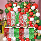 140Pcs Christmas Party Balloon Set, Merry Xmas Balloons With Table Skirts And Foil Fringe Tinsel Curtains For Winter Holiday Party Decorations