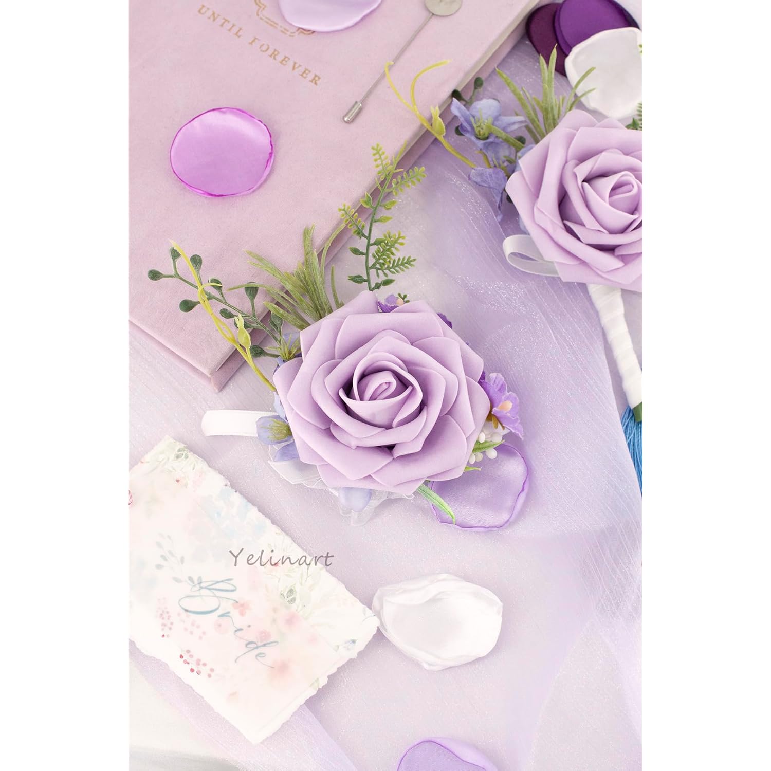Lilac Purple Wrist Corsage And Boutonniere Set For Wedding Prom Homecoming Artificial Rose Flowers Men Groom Groomsmen Boutonniere And Women Gril Bridesmaids Wristlet Bracelet Suit Decor