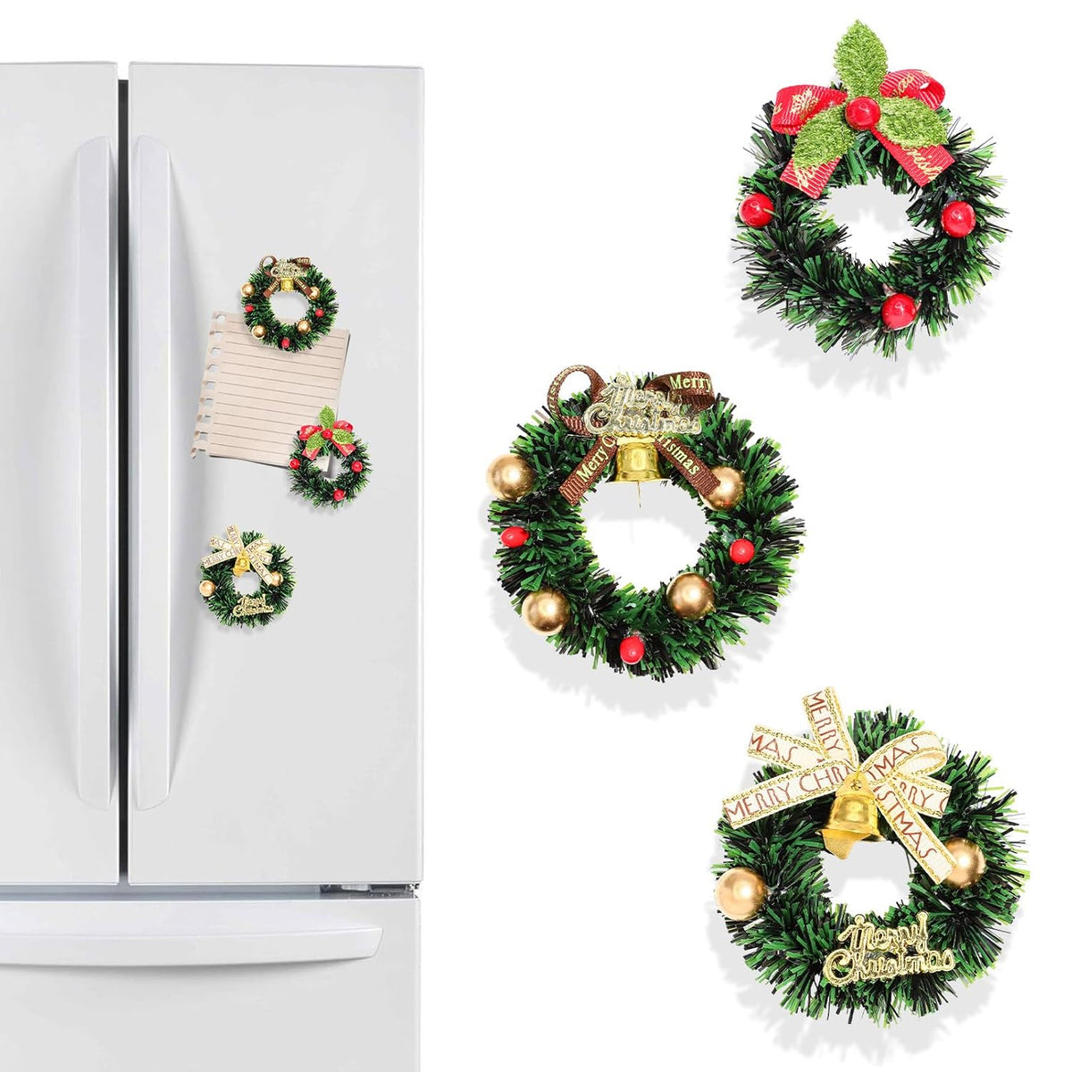 Creative Christmas Wreath Fridge Magnets Set 3D Mini Wreath Refrigerator Magnets For Christmas Magnetic Ornaments, Kitchen Fridge Locker Decorations For Home Office
