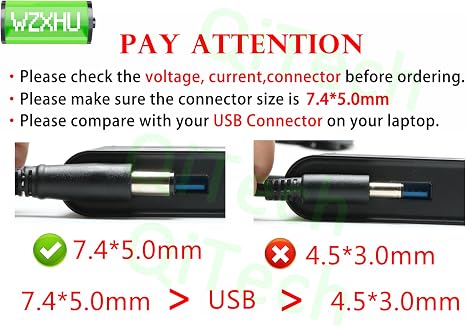 Dell 65W 7.4mm Tip Laptop Charger AC Power Adapter for Latitude 5400 7480 7490