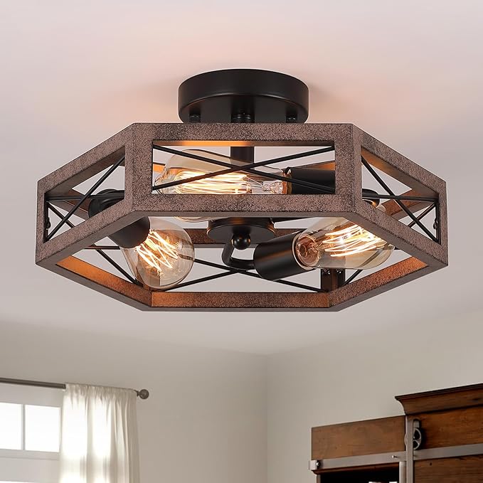 14.5 Inch Rustic Farmhouse Ceiling Light Antique Oak Hexagon Cage 3 Light Fixture