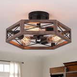 14.5 Inch Rustic Farmhouse Ceiling Light Antique Oak Hexagon Cage 3 Light Fixture