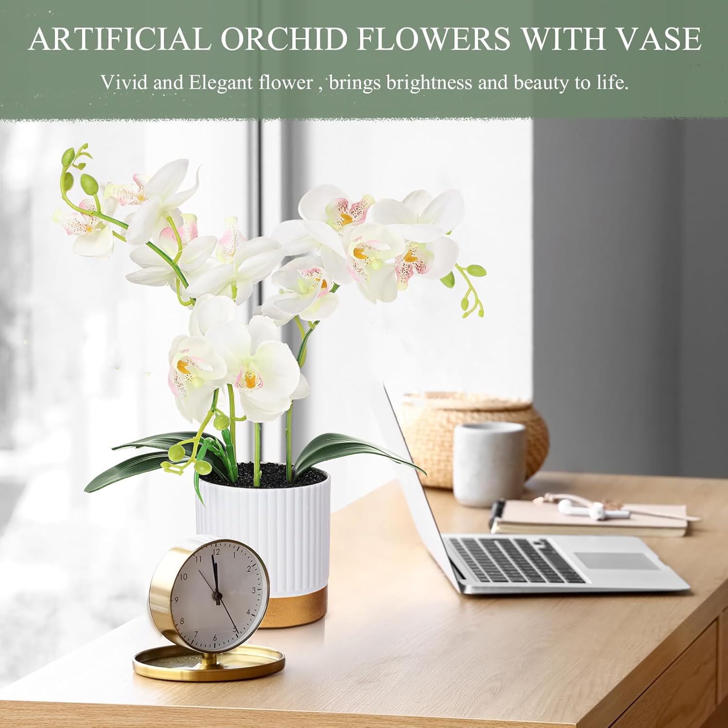 Orchid Artificial Flowers In Pot 15 Inches Artificial Orchid Flowers Phalaenopsis Potting For Home Office Wedding Bathroom Centerpiece Decor(White)