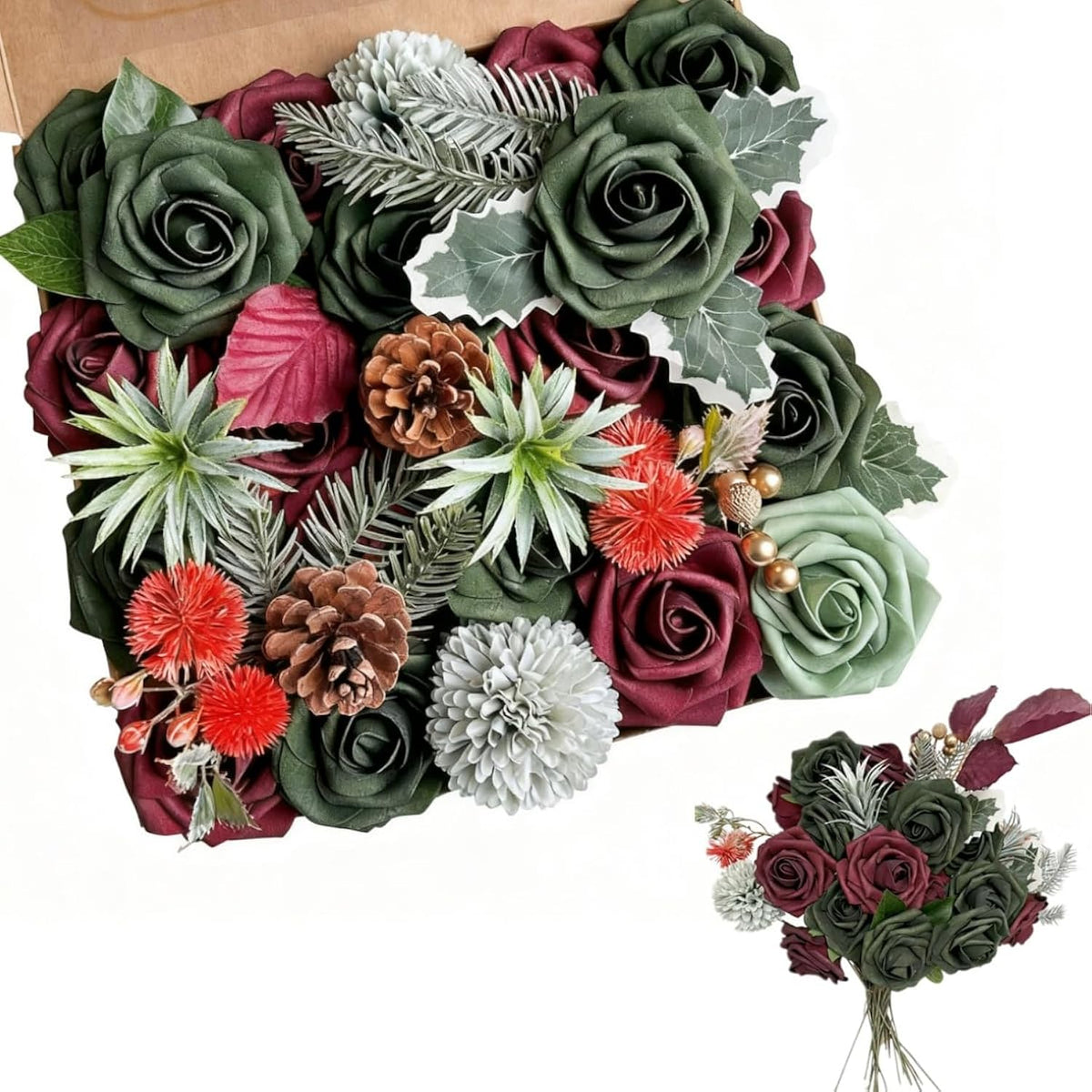 Red Green Christmas Artificial Flowers Box?Rose Poinsettias Holly Fake Silk Flower For Diy Table Centerpieces Christmas Tree Ornaments Xmas Wreath Holiday Home Party Decor