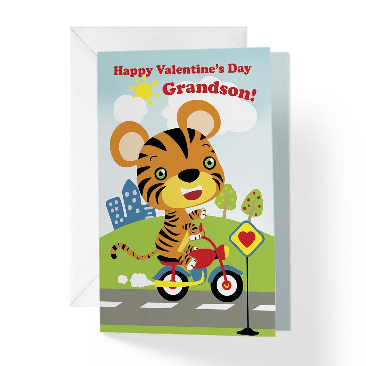 Valentines Day Cards For Grandson, Grandchild, Or Kid With Envelope - Cute Tiger On Bike Cartoon Coloring Book Valentine Card | 5”X7.5” | (Single Card)