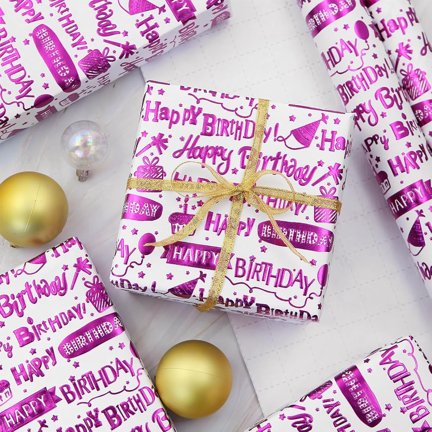 Happy Birthday Wrapping Paper Roll, Purple Luxury Metallic Cake Gift Balloon Birthday Gift Wrap Papers For Birthday, Holiday, Baby Shower, Kids, Women, Girls, Mini Rolls 17X120 Inch
