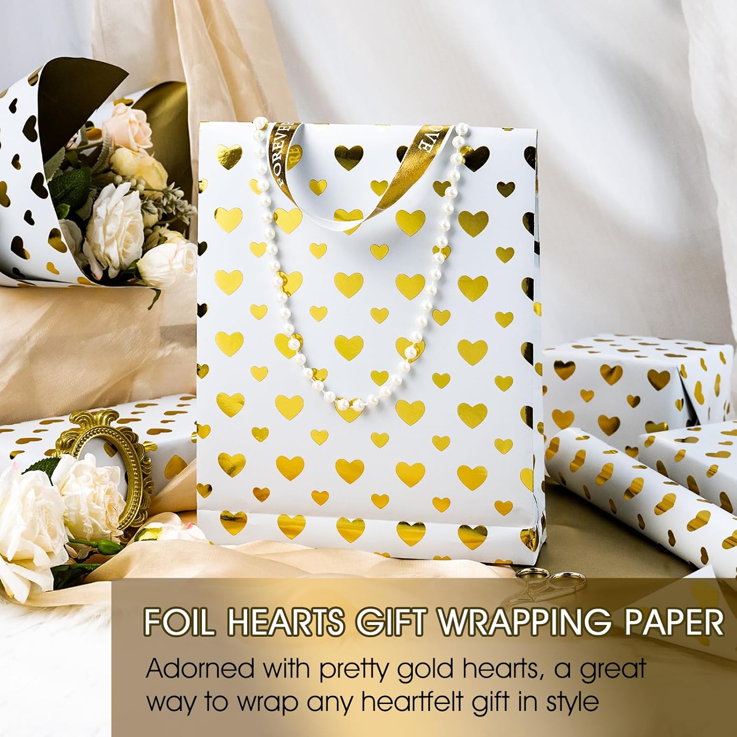 Wedding Wrapping Paper Roll, Heart Gift Wrapping Paper, Elegant Golden Heart Design Bridal Shower Gift Wrap For Birthday, Anniversary, Engagement, Valentine'S Day (17 Inch X 33 Feet)