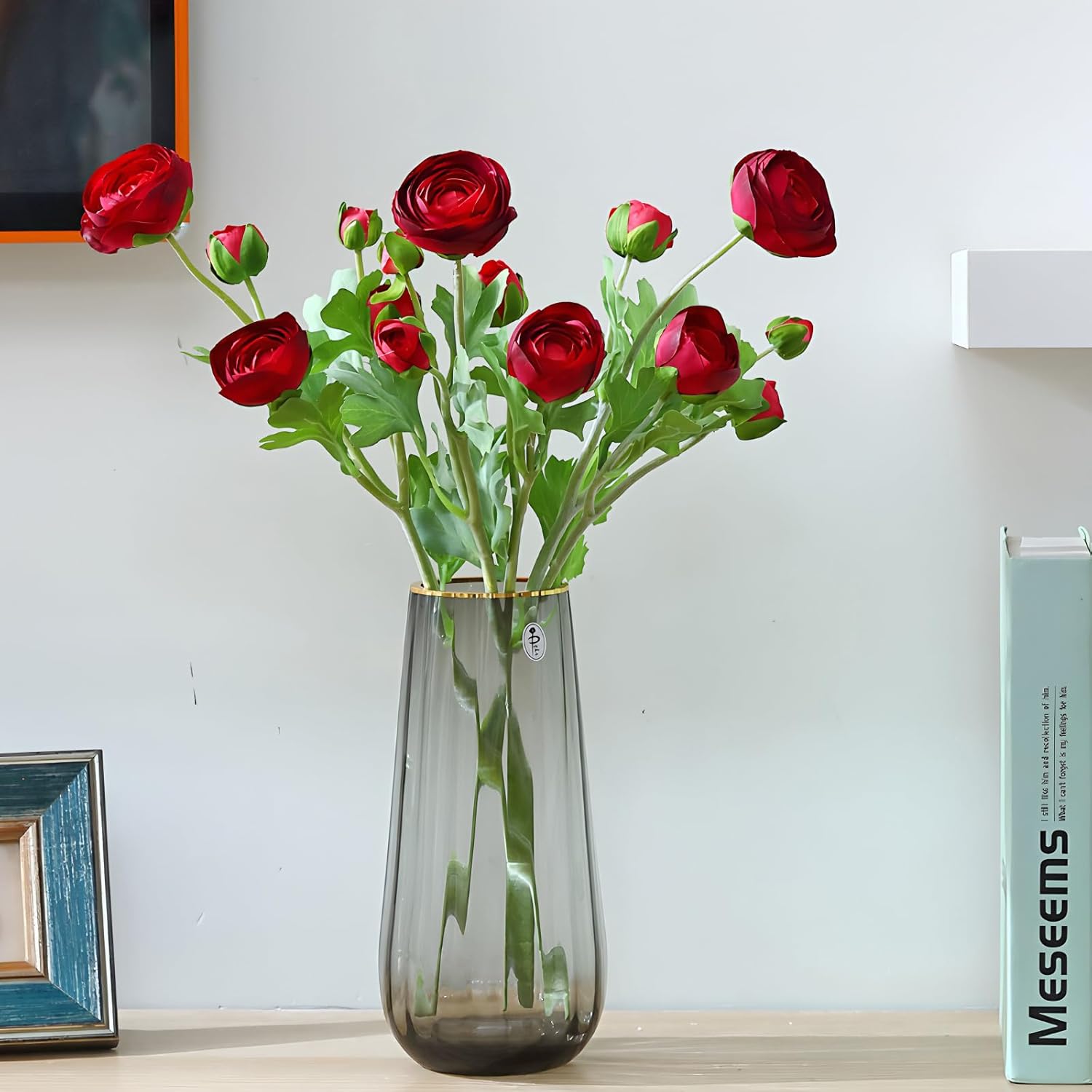 Artificial Ranunculus Flowers With Real Touch Stem Spray For Home Garden Decoration (Red)