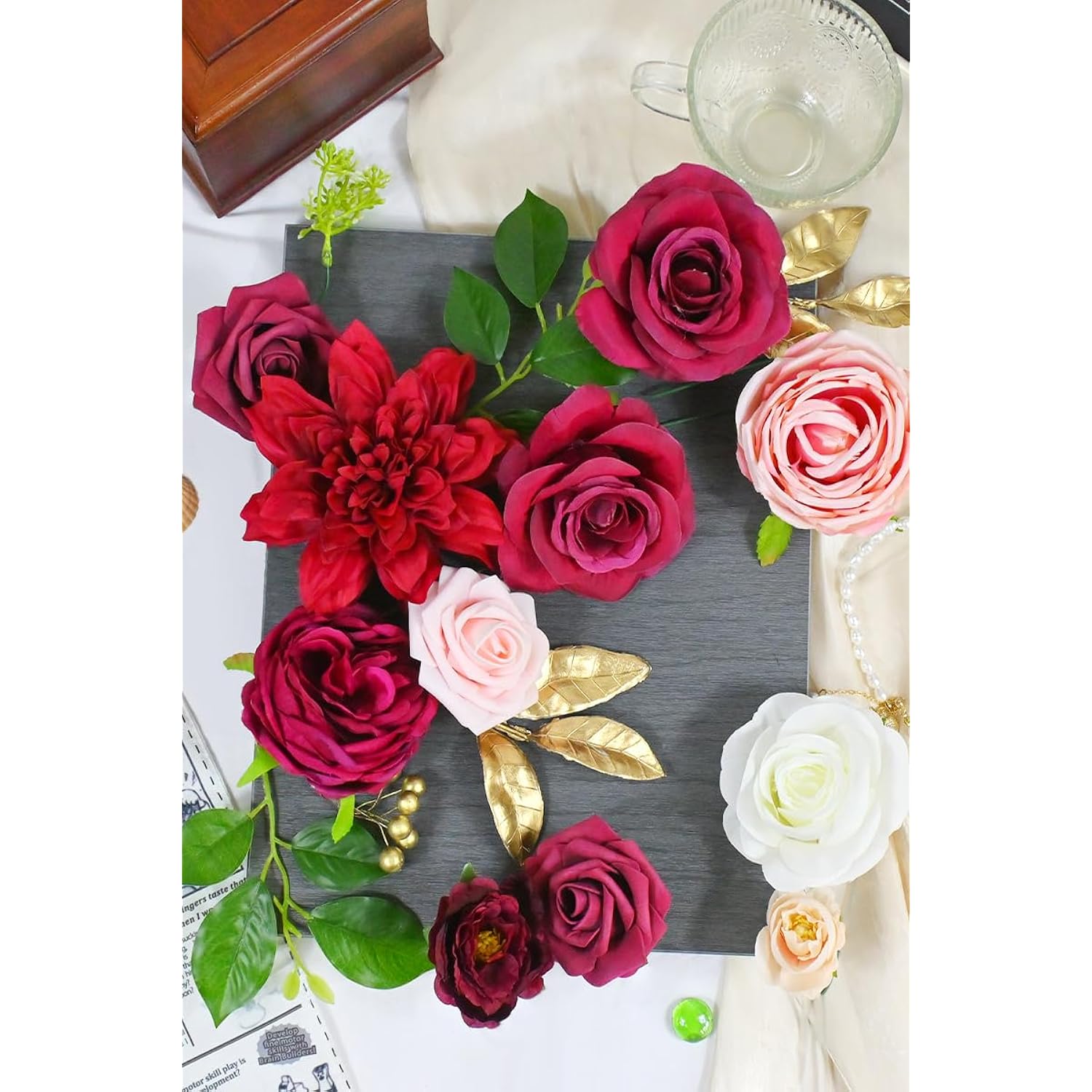 Artificial Flowers, Fake Cake Flowers Silk Roses With Stems Faux Burgundy Dahlia Wedding Bridal Bouquets For Table Centerpieces Floral Arrangement Arch Home Decoration