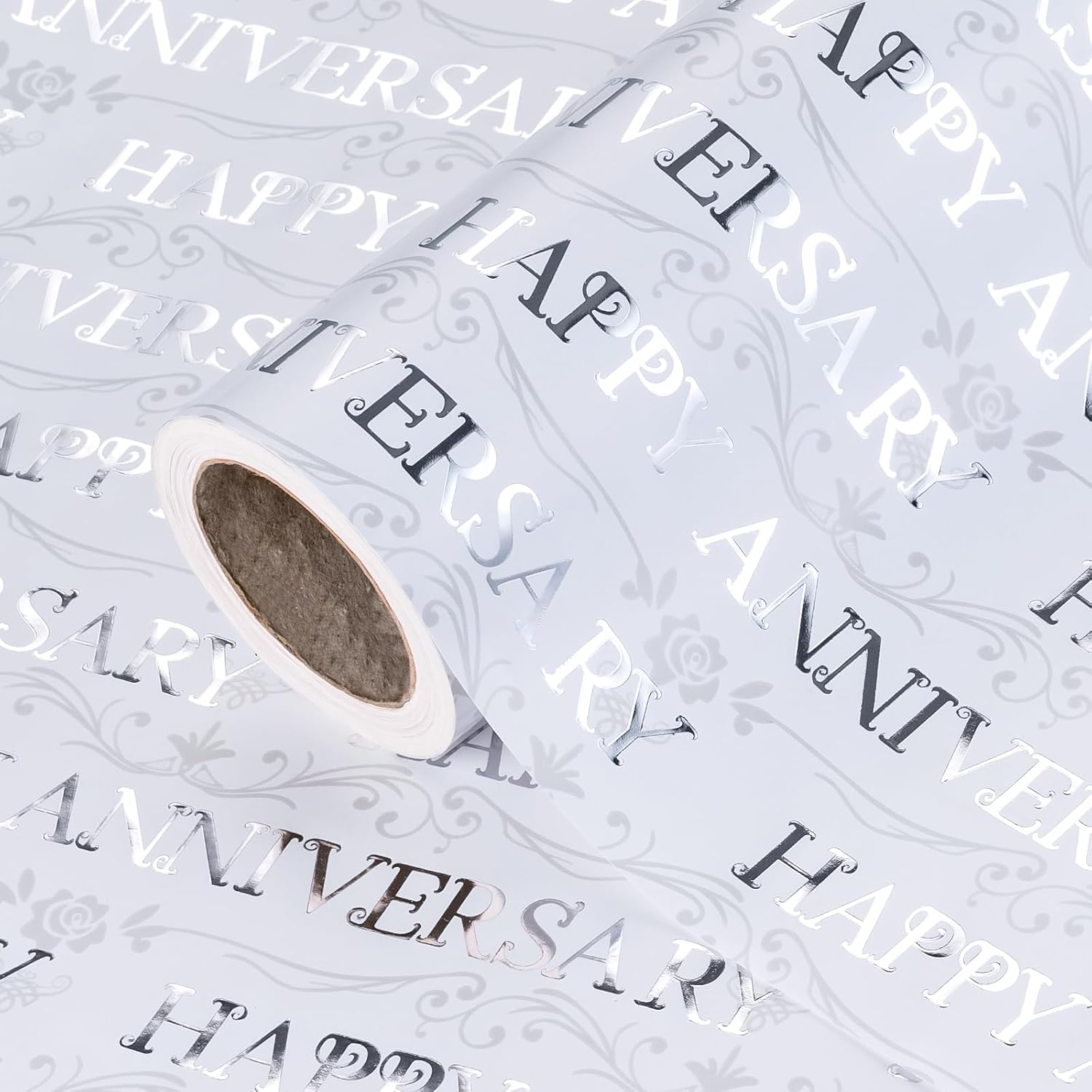 Happy Anniversary Wrapping Paper Roll - Mini Roll - 17 Inch X 16.5 Feet - Silver Foil Happy Anniversary Lettering Design Perfect For Celebration, Party