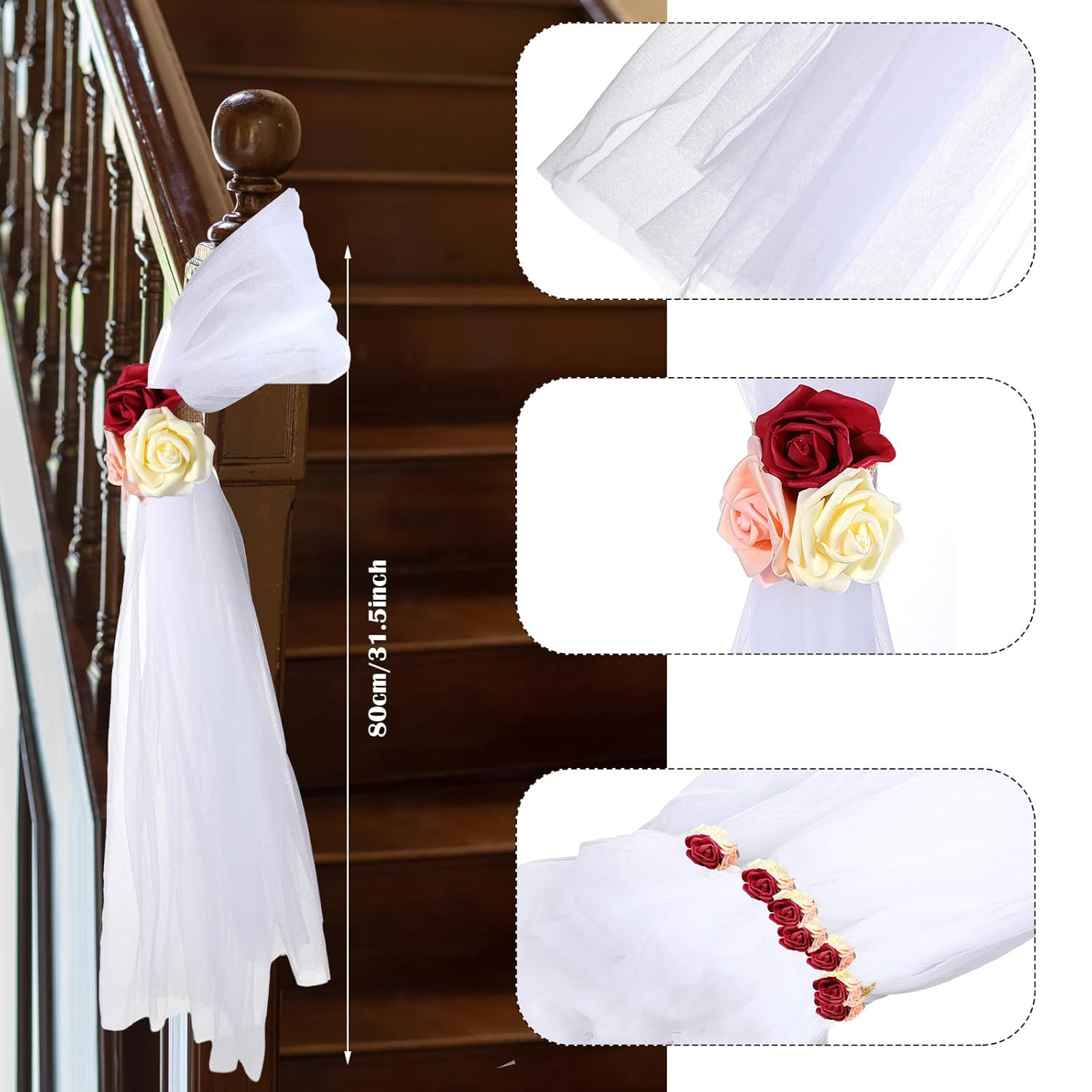 24 Set Wedding Pew Bows 31.5 Inch Long Tulle Tails With Faux Rose Flowers Ceremony Aisle Decorations Church Chair Car Decor For Bridal Shower Engagement Birthday Party(Red, Yellow, Pink)